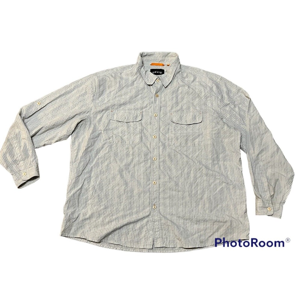 Orvis Men’s Shirt XXL Plaid long sleeve Button Front Gray & Green Stripe Flaw